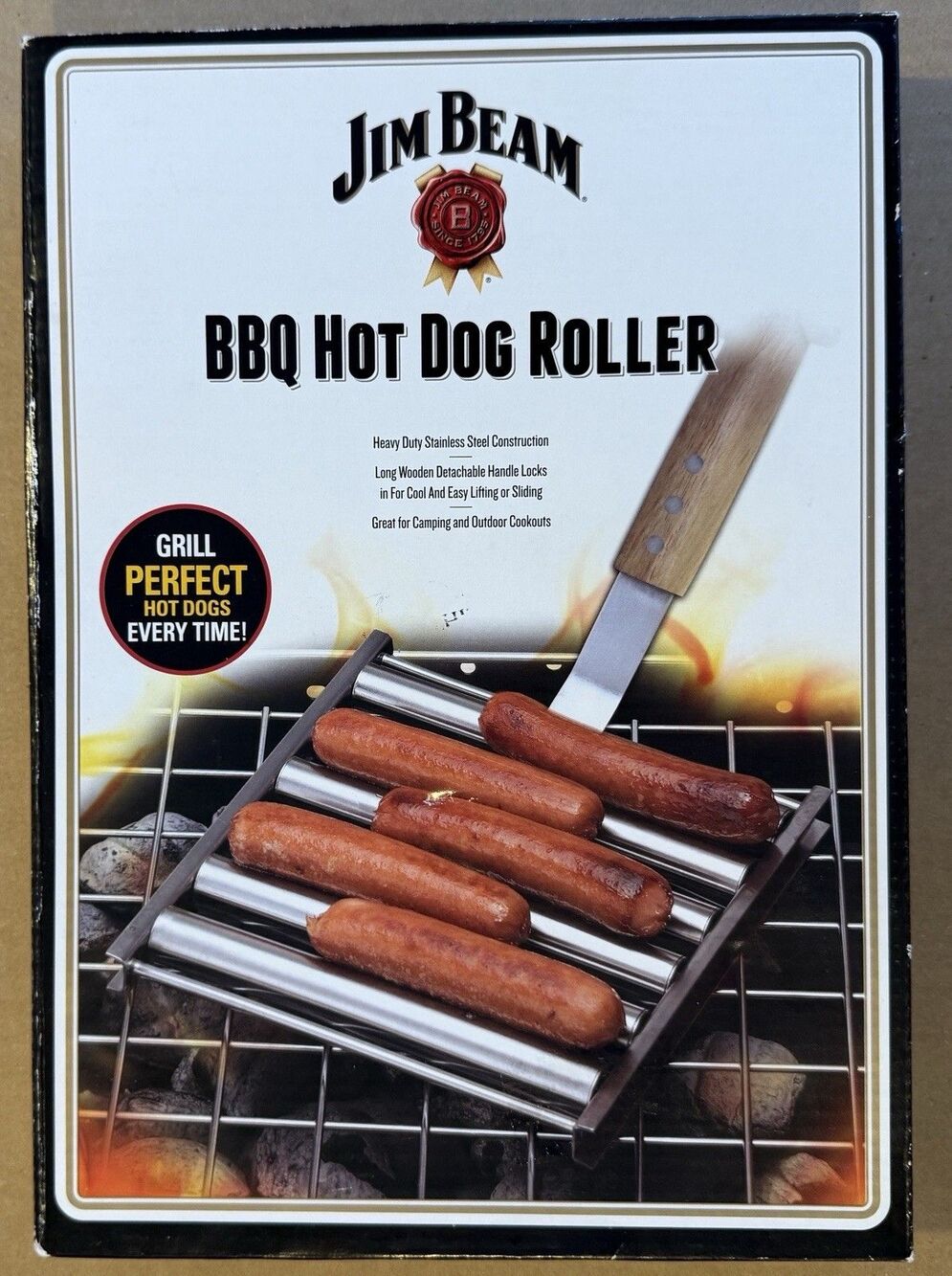 Jim Beam BBQ Hot Dog Roller * Heavy Duty Stainless Steel w/ Wood Handle * New